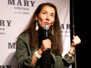 Mary Peltola, a Democrat running for the U.S. Senate seat in Alaska, addresses supporters at an election watch party on Aug. 18 in Anchorage.