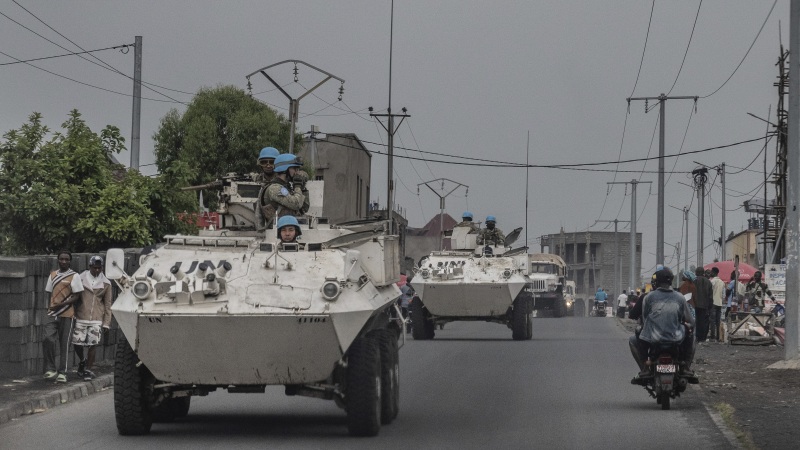 UN armoured personnel carriers deploy outside Goma, Democratic Republic of the Congo, Saturday, Jan. 25, 2025.