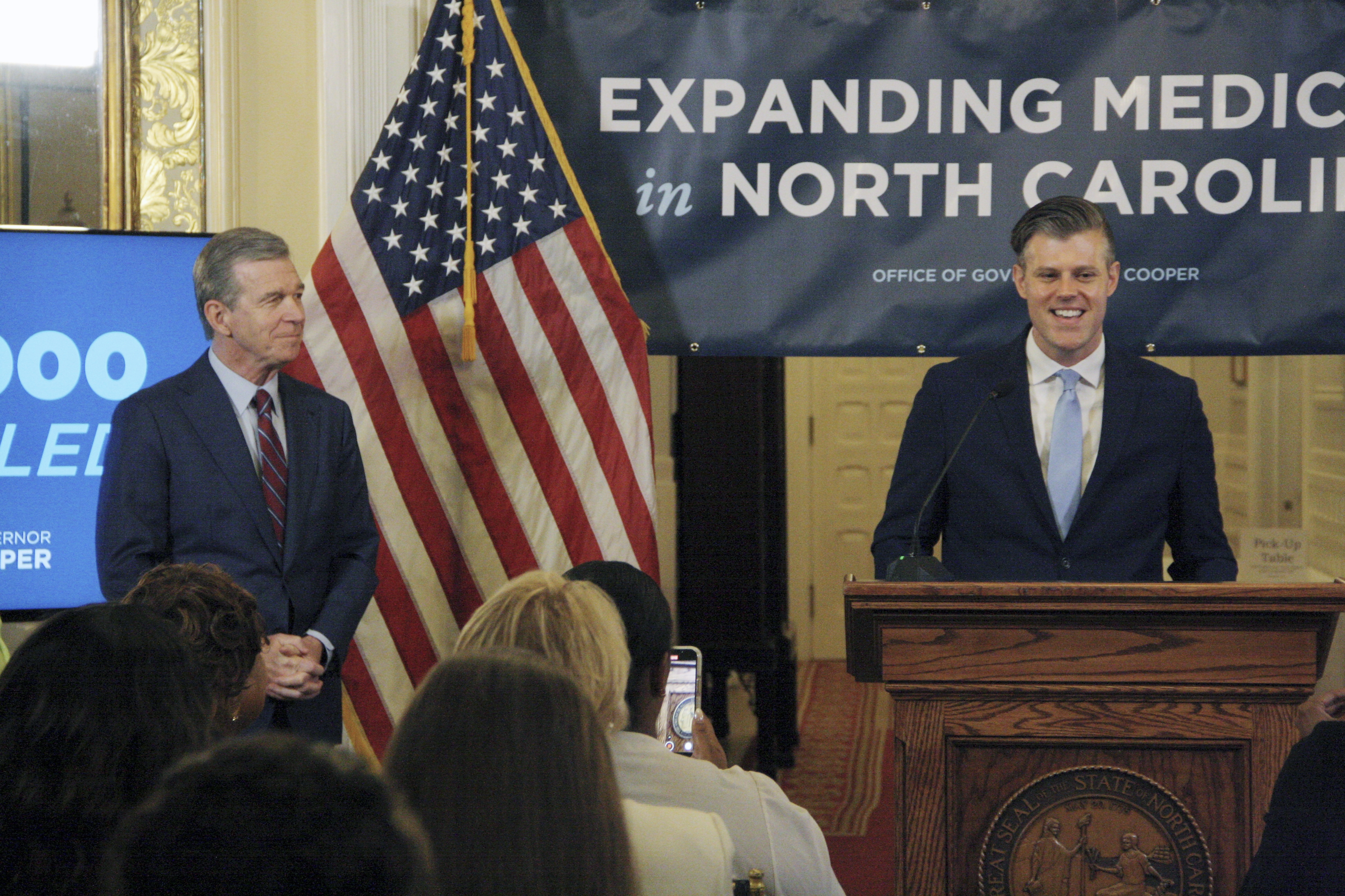 North Carolina Department of Health and Human Services secretary Kody Kinsley discusses the impact of Medicaid expansion on prescriptions during a news conference at the North Carolina Executive Mansion in Raleigh, N.C., on Friday, July 12, 2024. When the state expanded access to Medicaid in December,  more than 500,000 residents gained access to health coverage.  (AP)