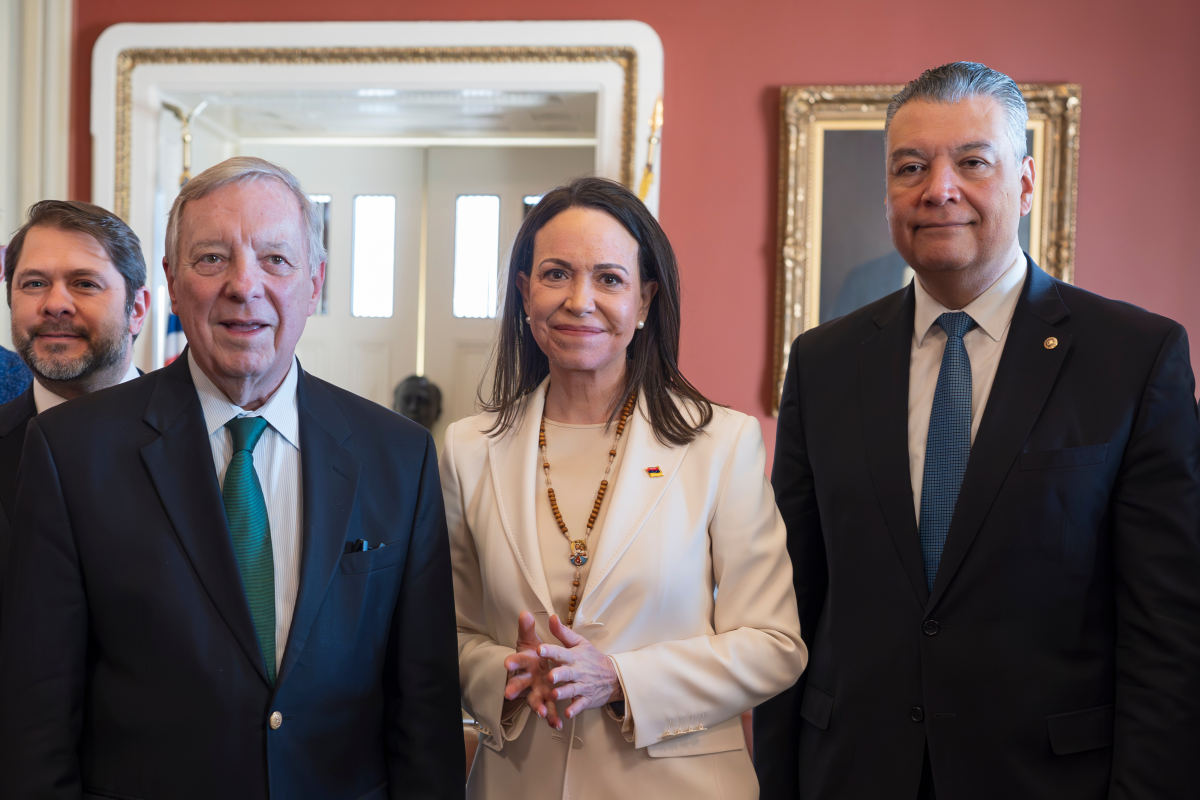 Venezuelan opposition leader Maria Corina Machado, center, is welcomed by Sen. Dick Durbin, D-Ill., left, Sen. Ruben Gallego, D-Ariz., far left, and Sen. Alex Padilla, D-Calif., right, as the Nobel Peace Prize recipient visits American leaders at the Capitol in Washington, Thursday, Jan. 15, 2026.