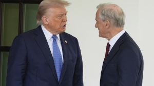 President Donald Trump greets Norwegian Prime Minister Jonas Gahr Støre, upon his arrival at the White House, Thursday, April 24, 2025, in Washington. 