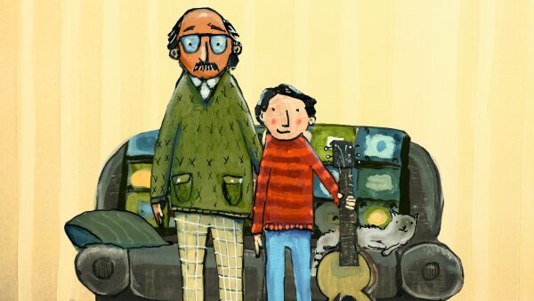 An illustration of an older man, who is wearing glasses and a green sweater, stands next to a young boy. The boy is wearing a red-striped, long-sleeved shirt and holding a guitar at his side. 