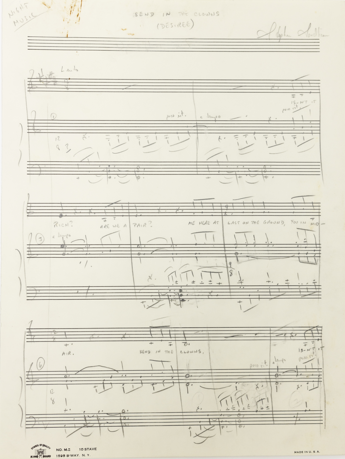The first page of Stephen Sondheim's manuscript for the hit song 'Send in the Clowns' from A Little Night Music (1973).