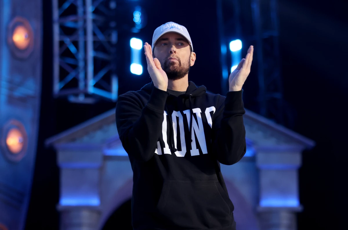 Eminem on stage during the 2024 NFL Draft on April 25, 2024 in Detroit, Mich.
