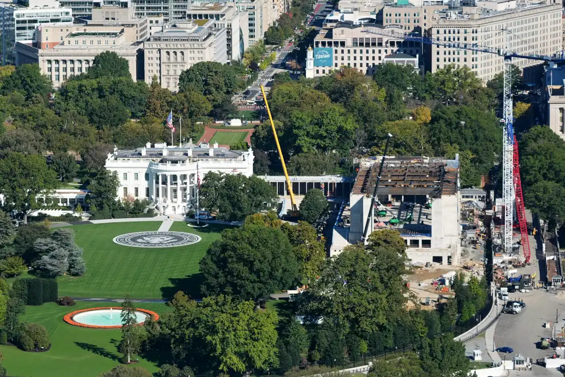 Construction continues on the White House Ballroom, as seen from the Washington Monument, Wednesday, Oct. 21, 2026, in Washington.
