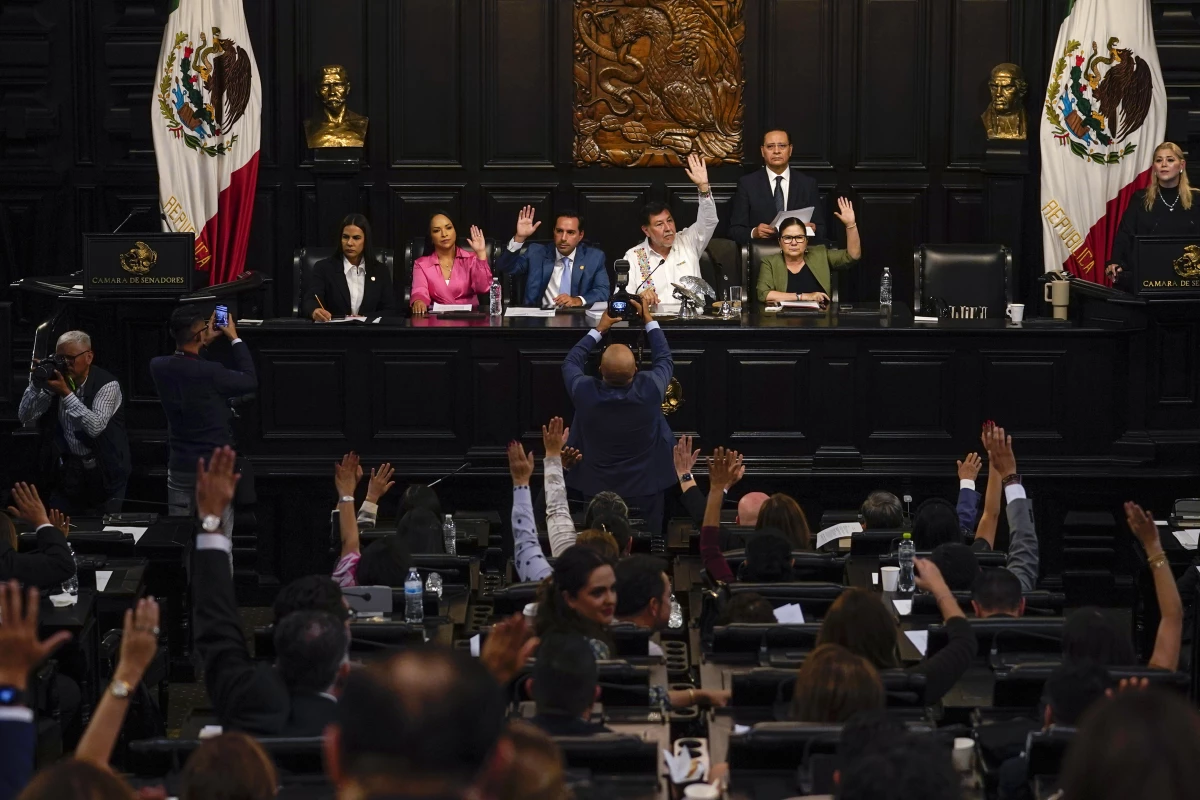 Senators hold a session in alternate headquarters due to protesters blocking access to their regular chambers, in Mexico City, on Sept. 5. The protesters were opposing major judicial reforms.