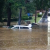 The streets are flooded near Peachtree Creek after hurricane Helene brought in heavy rains over night on September 27, 2024 in Atlanta, Georgia.