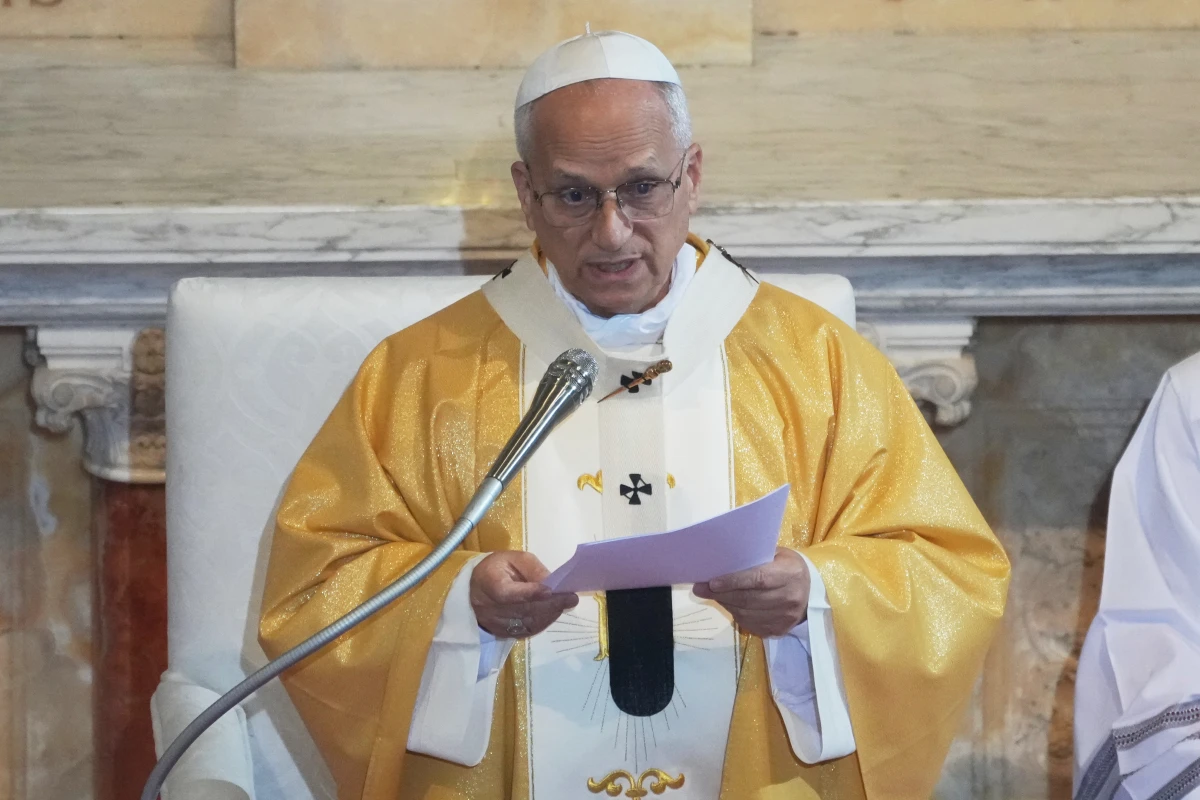 Pope Leo XIV delivers his speech as he celebrates a Mass in the Saint Augustine Basilica in Annaba, Algeria, Tuesday, April 14, 2026, on the second day of an 11-day apostolic journey to Africa.