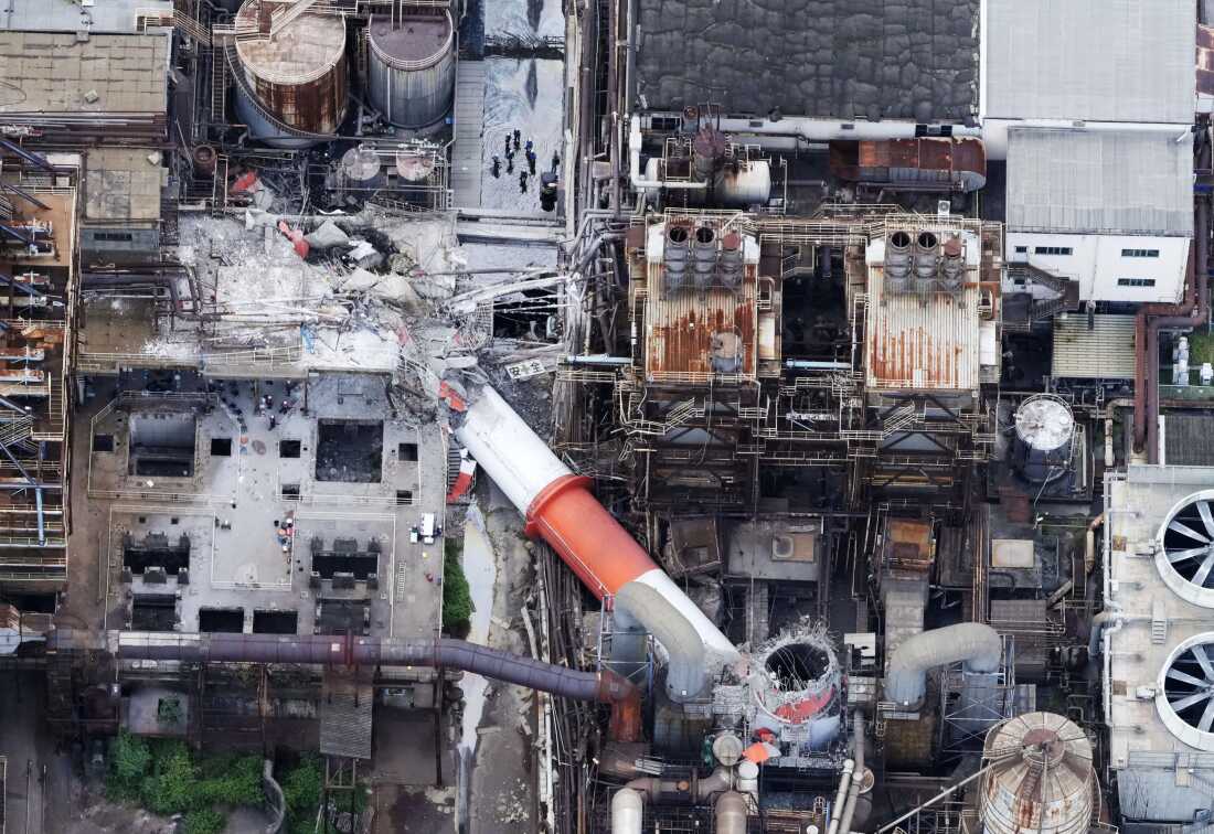 This aerial image shows a damaged chimney of the Nippon Paper Industries Co.’s Yatsushiro factory, following an earthquake in Yatsushiro, Kumamoto Prefecture, Wednesday, July 29, 2026.