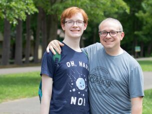 Tony Sadowski (right), the executive director of Camp Cranium, learned about the camp when a speech therapist recommended it to his son, Bryan Sadowski, who had suffered a brain bleed that caused a hemorrhagic stroke at age 6. Now 18, Bryan (left) is preparing to study occupational therapy at Elizabethtown College.