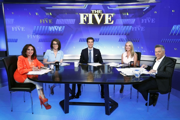 Jeanine Pirro (at far left) and the other four co-hosts of Fox News' The Five sit around a table at Fox News' studios in New York City on June 28, 2023.