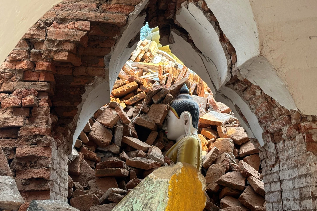 A damaged pagoda is seen in the aftermath of Friday's earthquake in Amarapura township, Mandalay, Myanmar on Wednesday.