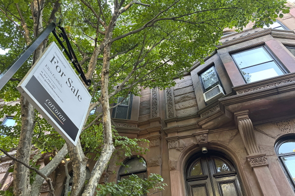 Trump has blamed high mortgage rates and illegal immigration for driving up housing costs. Seen here is a townhouse for sale in Brooklyn, New York, earlier this month.