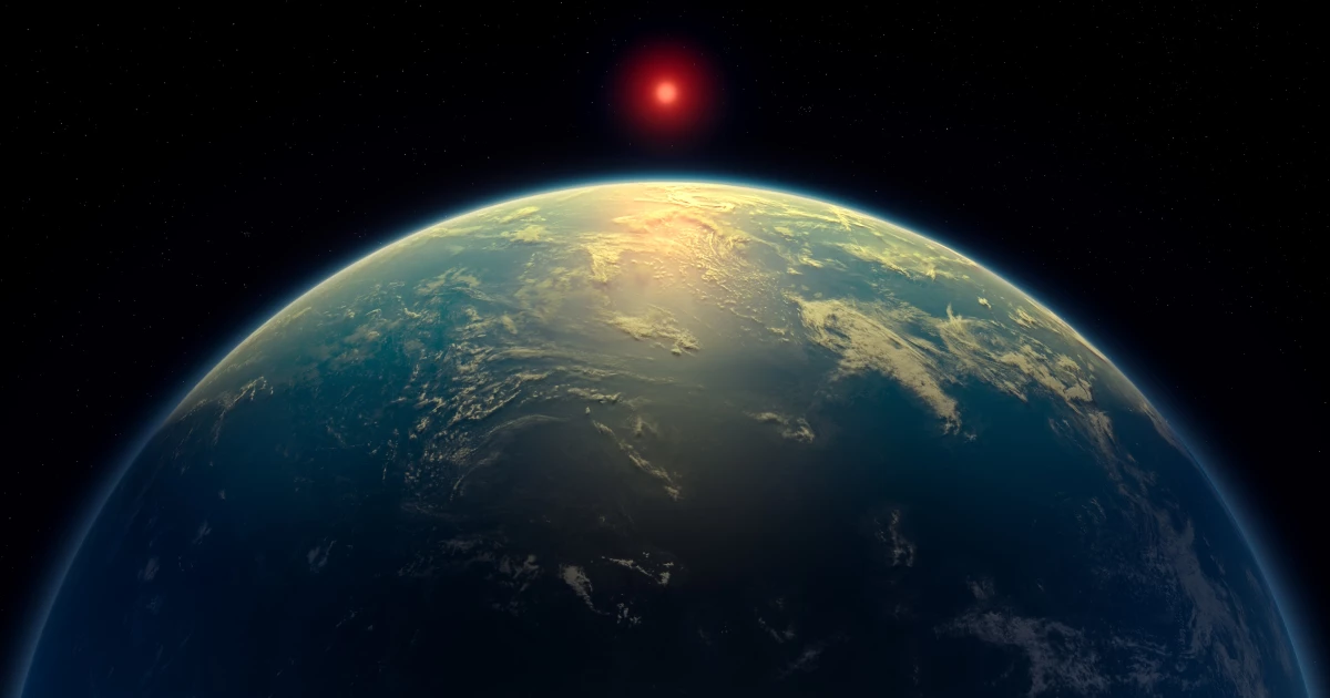 This artist's impression depicts what a water world with a hydrogen atmosphere, such as planet K2-18b, might look like.