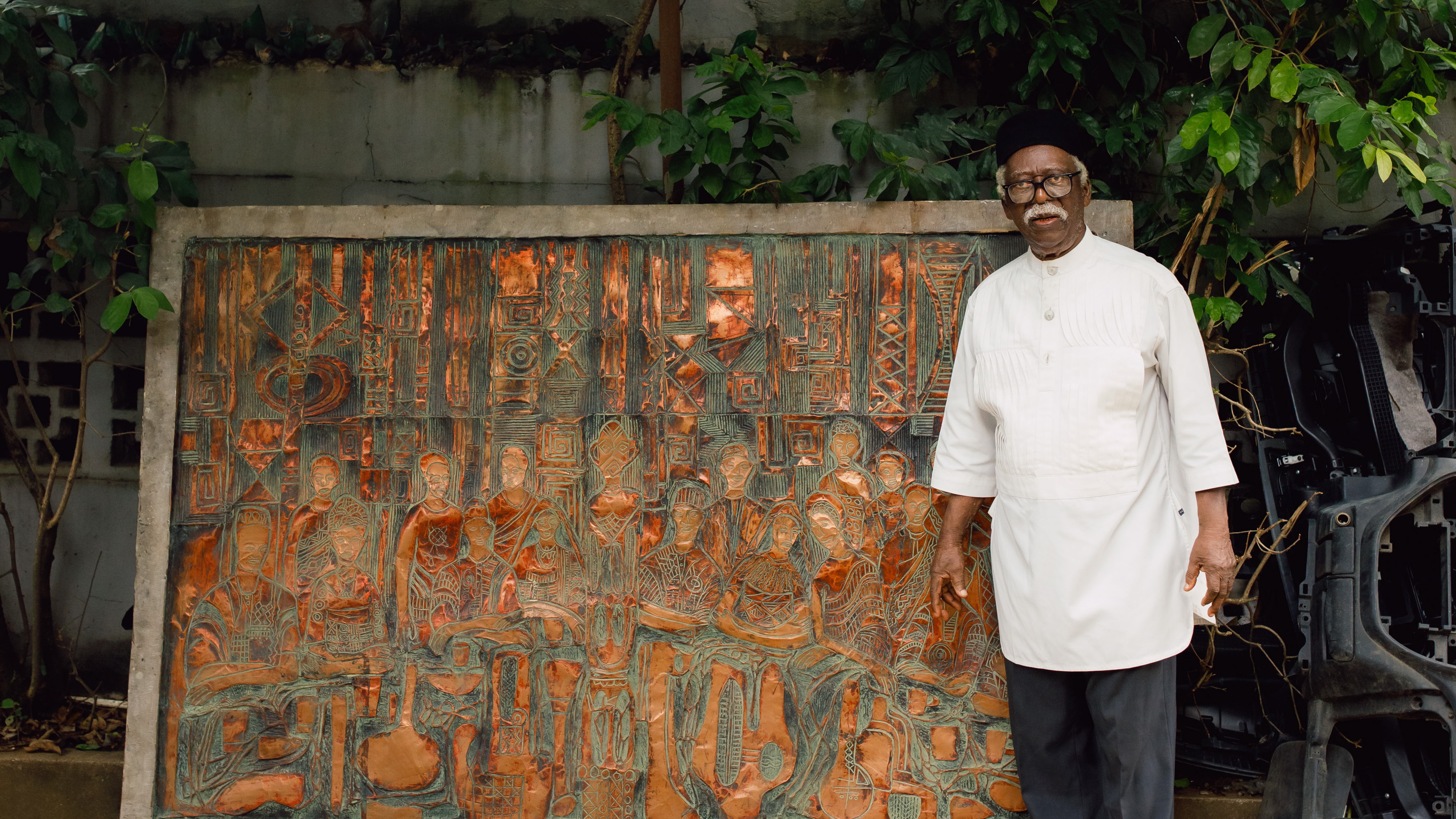 Bruce Onobrakpeya, a towering figure in modernism, in his home/studio in Lagos, Nigeria. At 91, he has his first Smithsonian solo show.
