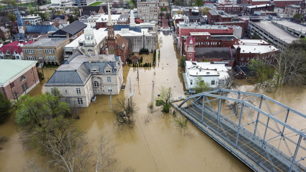 An aerial view of severe flooding in Frankfort, Kentucky, caused by days of heavy rainfall across the Midwest in April.