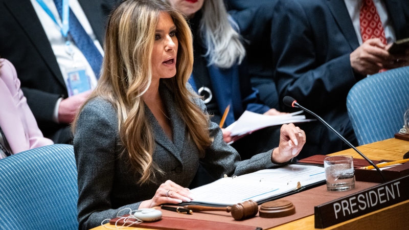 First lady Melania Trump presides over the United Nations Security Council at United Nations headquarters, Monday, March 2, 2026.