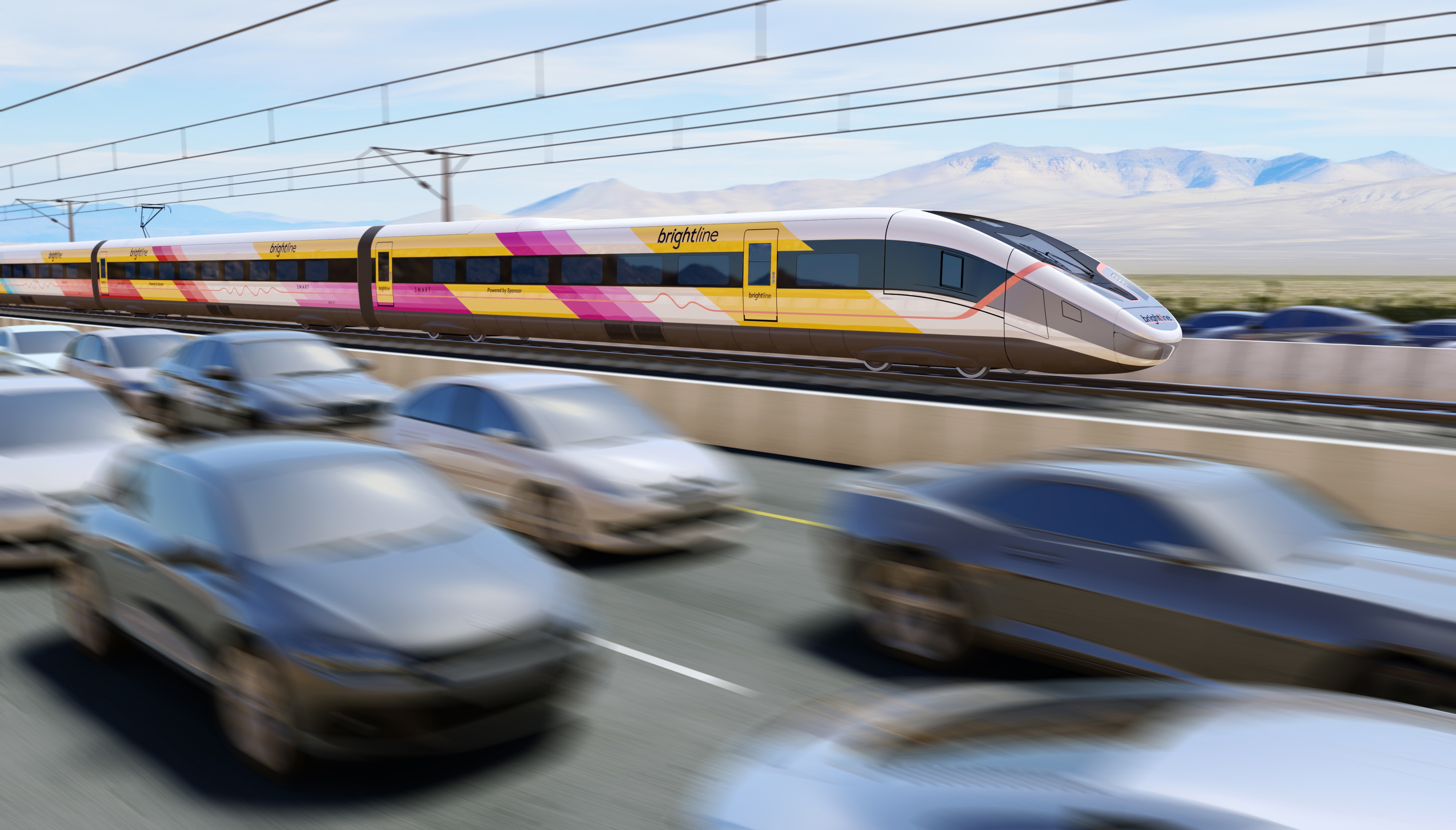 For most of its 218-mile route, Brightline West plans to build in the median of Interstate 15 between Las Vegas and Southern California to help keep costs down. (Courtesy of Brightline West)