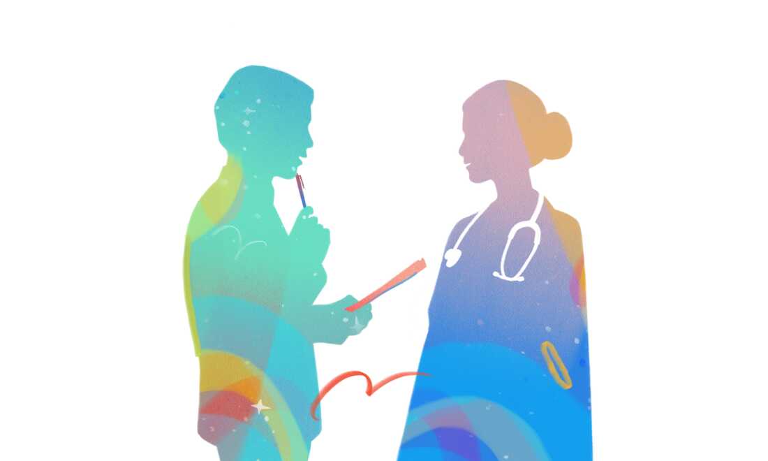 Colorful silhouettes of two people in profile, facing one another. The person on the left holds a pen and paper. The person on the right wears a medical coat and a stethoscope.