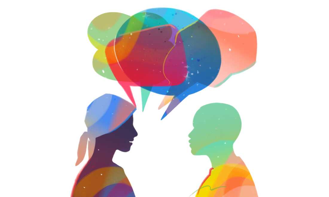 Colorful silhouettes in profile facing one another. The person on the left is going through chemotherapy. They wear a head covering and colorful speech bubbles emanate from their mouth. The person on the left faces them, listening.