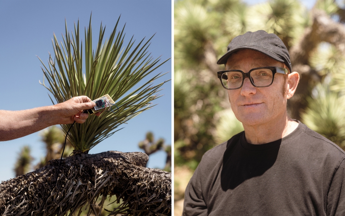 Left: A close up photo of Scott Kildall's hand holding his homemade device in front of a Joshua tree. Right: A portrait of Kildall wearing a black hat, black glasses and a black t-shirt. 