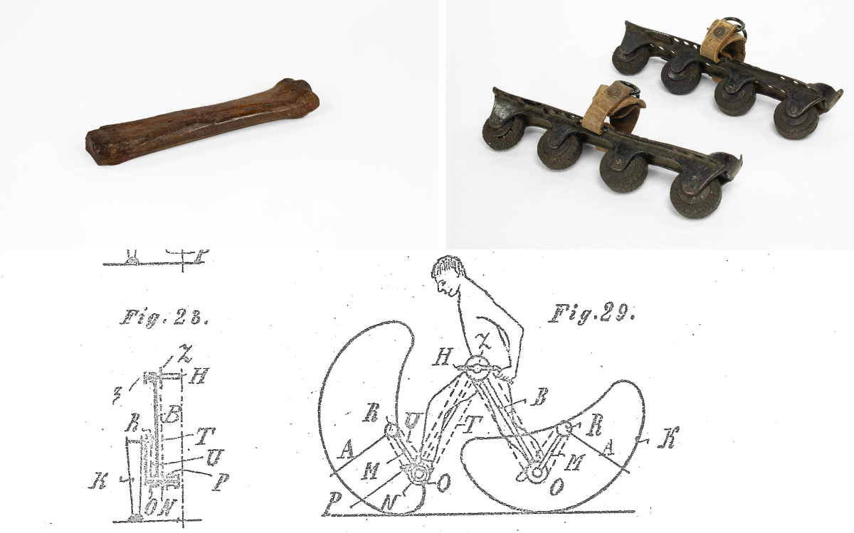 A 1600s bone skate, 19th-century in-line roller skates and a drawing of a patent for metal rocking-shoes from the early 20th century.