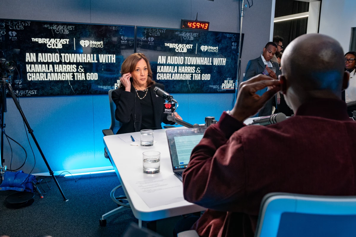 Vice President Harris prepares to speak with Charlamagne Tha God before 'We The People: An Audio Townhall With Kamala Harris and Charlamagne Tha God' in Detroit on Tuesday.