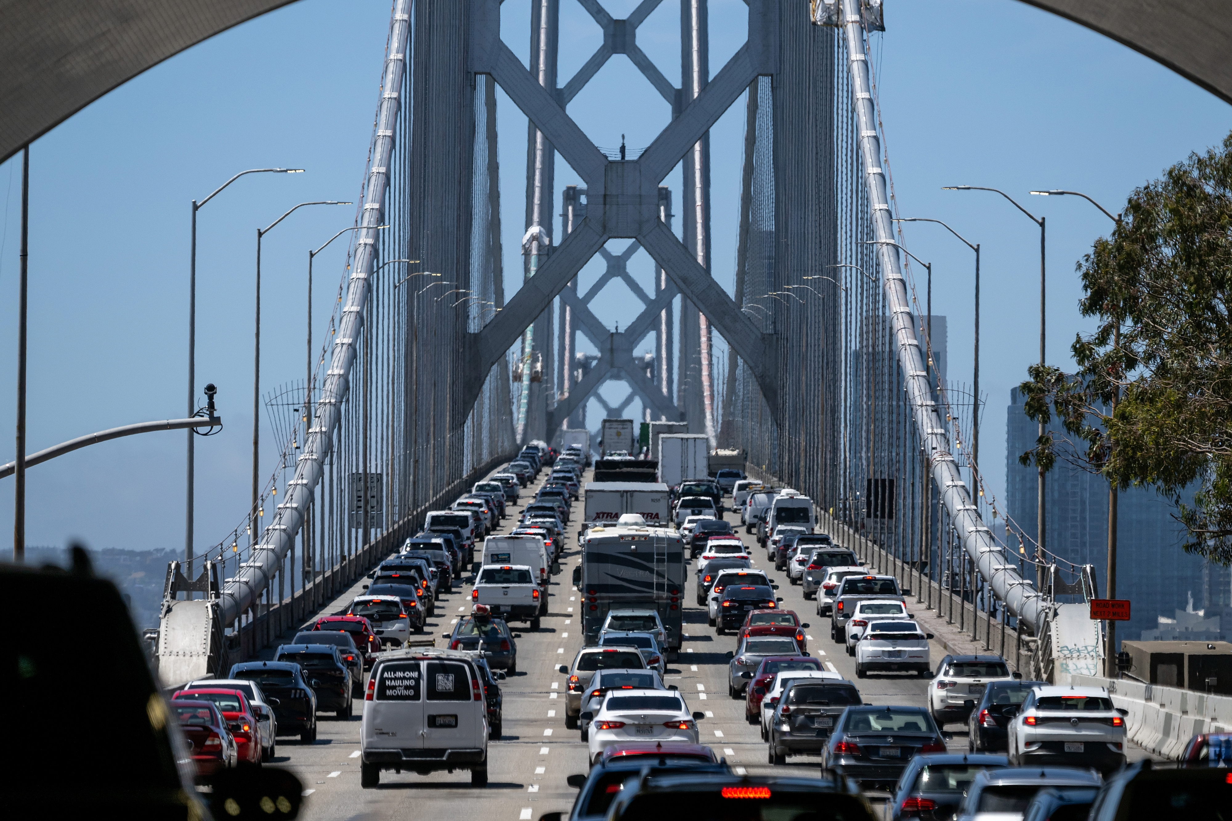 Traffic crosses the Oakland San Francisco Bay Bridge in California on Thursday, kicking off what