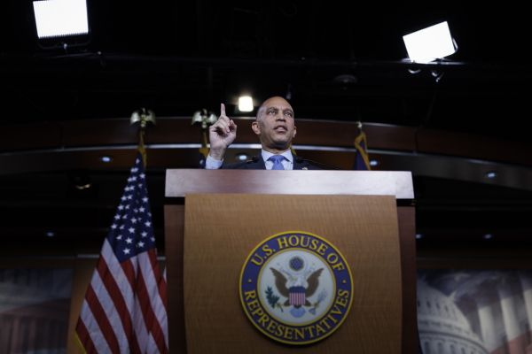 House Minority Leader Hakeem Jeffries,D-N.Y., speaks during a news conference Monday on Capitol Hill.