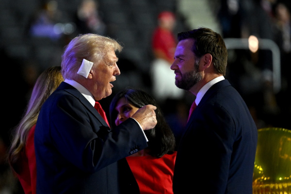 Former President Donald Trump, left, and Senator J.D. Vance, a Republican from Ohio and Republican vice-presidential nominee, during the final night of the Republican National Convention in Milwaukee.