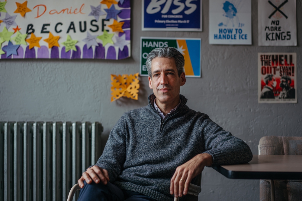 Daniel Biss, the mayor of Evanston, Ill., sits for a portrait at his campaign office on February 28, 2026, ahead of the Illinois primary.