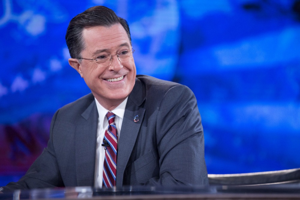 Stephen Colbert during a taping of Comedy Central's <em>The Colbert Report</em> in December 2014. (Pool/Getty Images)