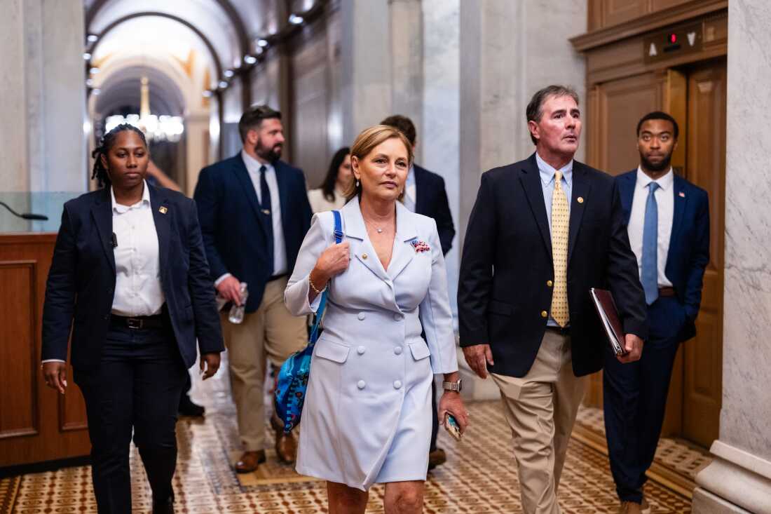 U.S. Sen. Darline Graham Nordone departs with staff and Capitol Police after being sworn in at the U.S. Capitol on July 14, 2026 in Washington, DC.