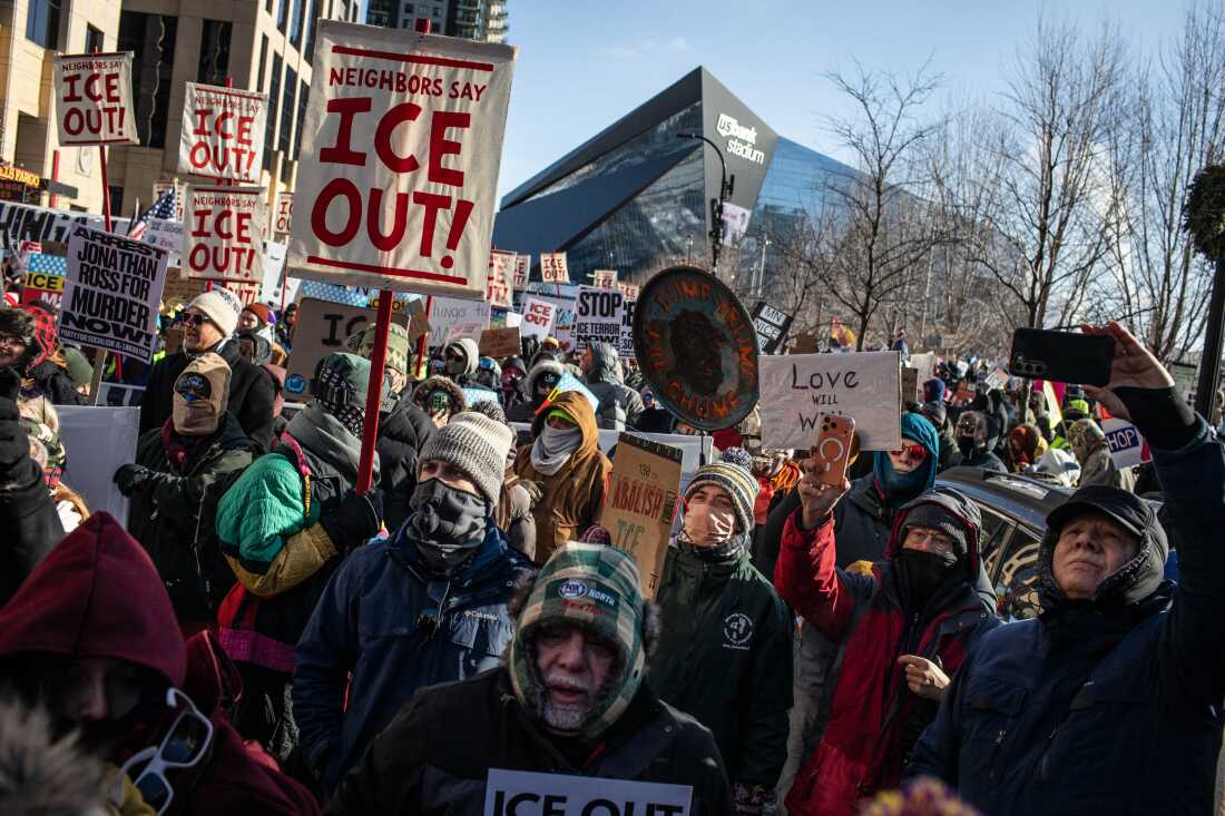 Thousands gather downtown in sub-zero temperatures as hundreds of Minnesota businesses close in a statewide “ICE Out” protest and strike against federal immigration enforcement and the expanded ICE operations in Minneapolis, Minnesota on Jan. 23, 2026.