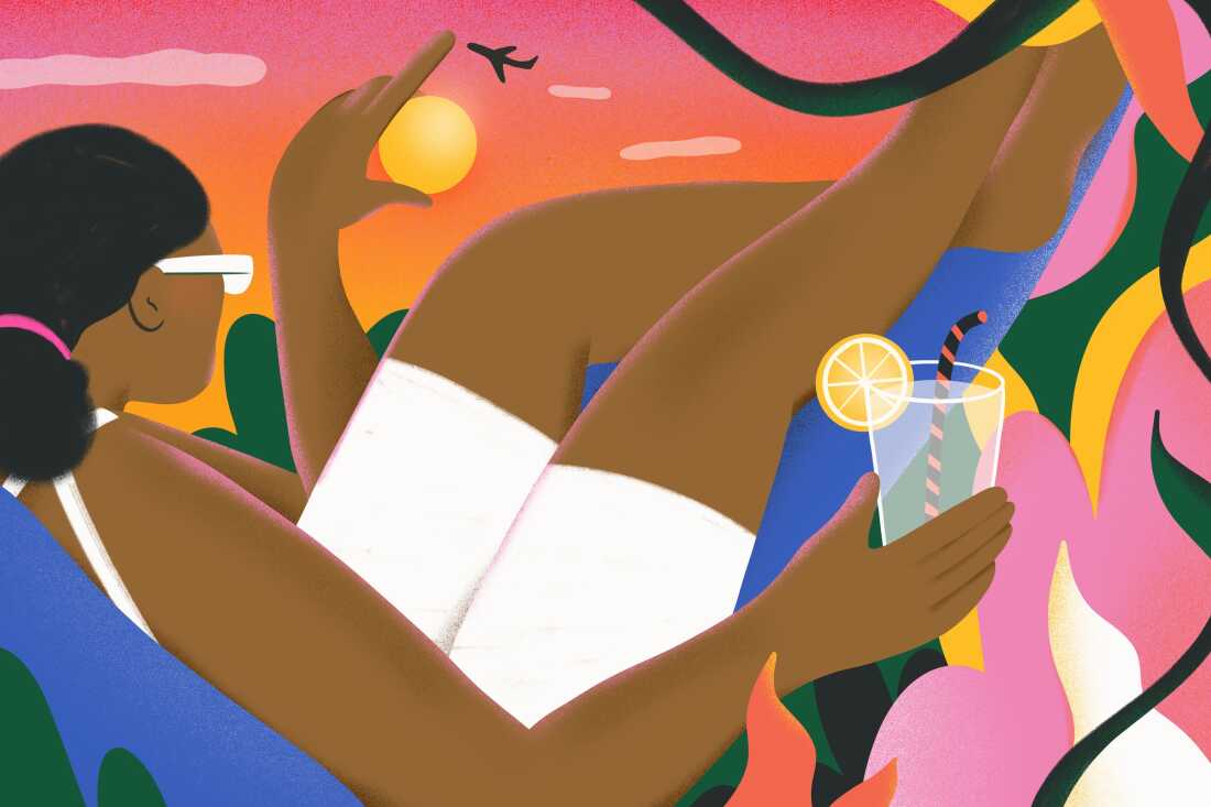 An illustration shows a woman with brown skin and dark brown hair in the foreground, lounging in a blue hammock. In her right hand, she holds a glass with a straw and a lemon slice on the edge of the drink. With her left hand, she reaches up into the sky and holds the sun in her fingertips as a plane flies nearby in the distance.