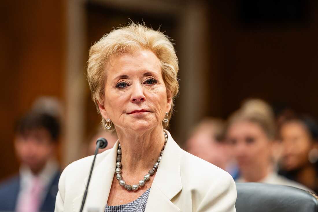 Linda McMahon, US education secretary, during a Senate Appropriations Subcommittee on Departments of Labor, Health and Human Services, and Education, and Related Agencies hearing in Washington.