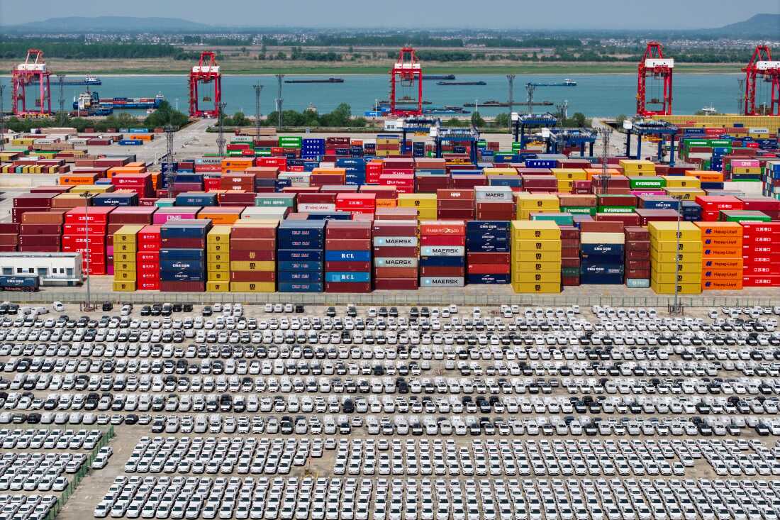 Chinese made cars, including Volvo and other brands, are seen at the port in Nanjing, in China's eastern Jiangsu province on April 16, 2025, as they wait to be loaded onto ships for export.