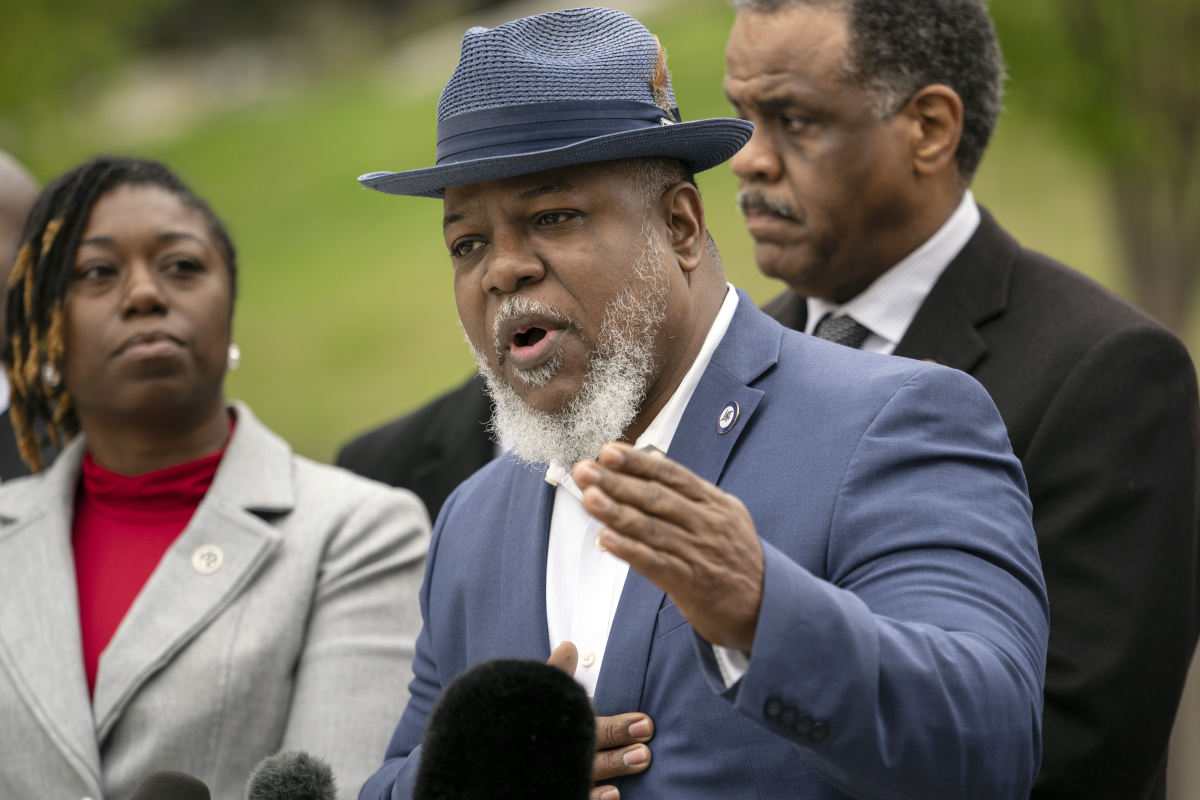 State Rep. Antonio Parkinson, D-Memphis, of the Tennessee Black Caucus of State Legislators responds to questions during a press conference outside the state Capitol, Friday, April 7, 2023, in Nashville, Tenn.