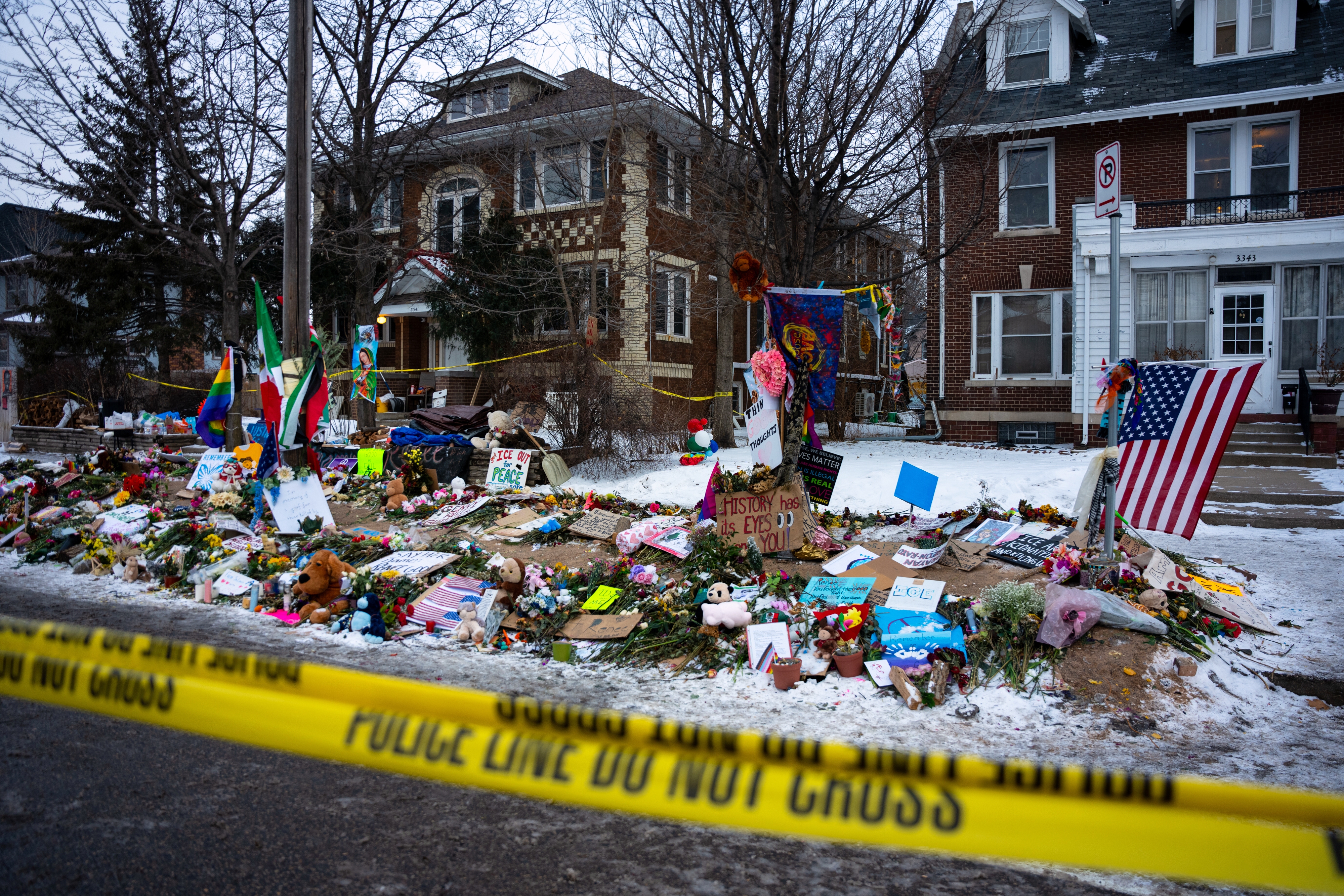 A makeshift memorial for Renee Good, who was fatally shot by an ICE officer on Jan. 7, is seen on Jan. 20, in Minneapolis.