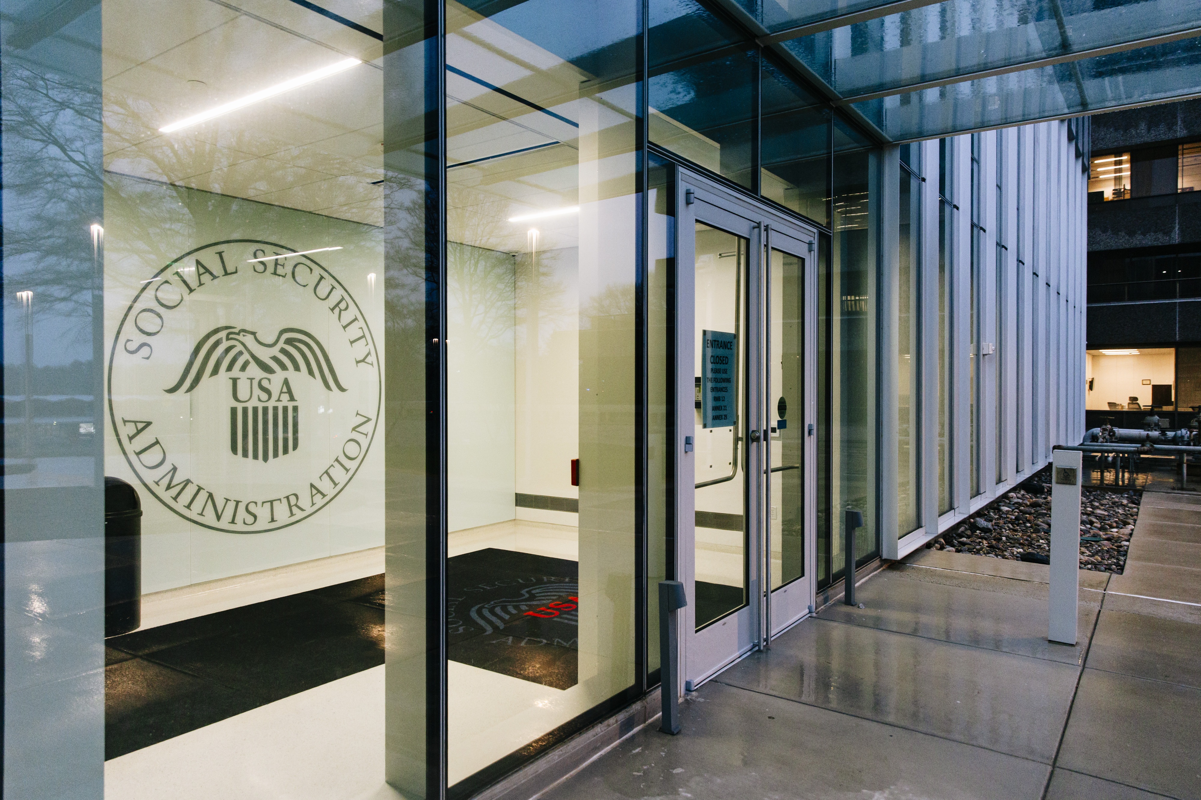 A closed entrance to the Social Security Administration Headquarters sits empty in Woodlawn, MD on Thursday, March 20, 2025.