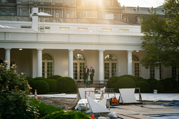 US President Donald Trump, left, and James Blair, White House deputy chief of staff for legislative, political and public affairs, view renovations to the Rose Garden of the White House in Washington, D.C. on Tuesday, July 15, 2025.