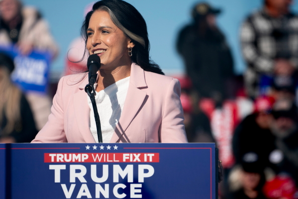 Tulsi Gabbard, former representative from Hawaii, during a campaign event with former President Donald Trump in Lititz, Pa., on Nov. 3.