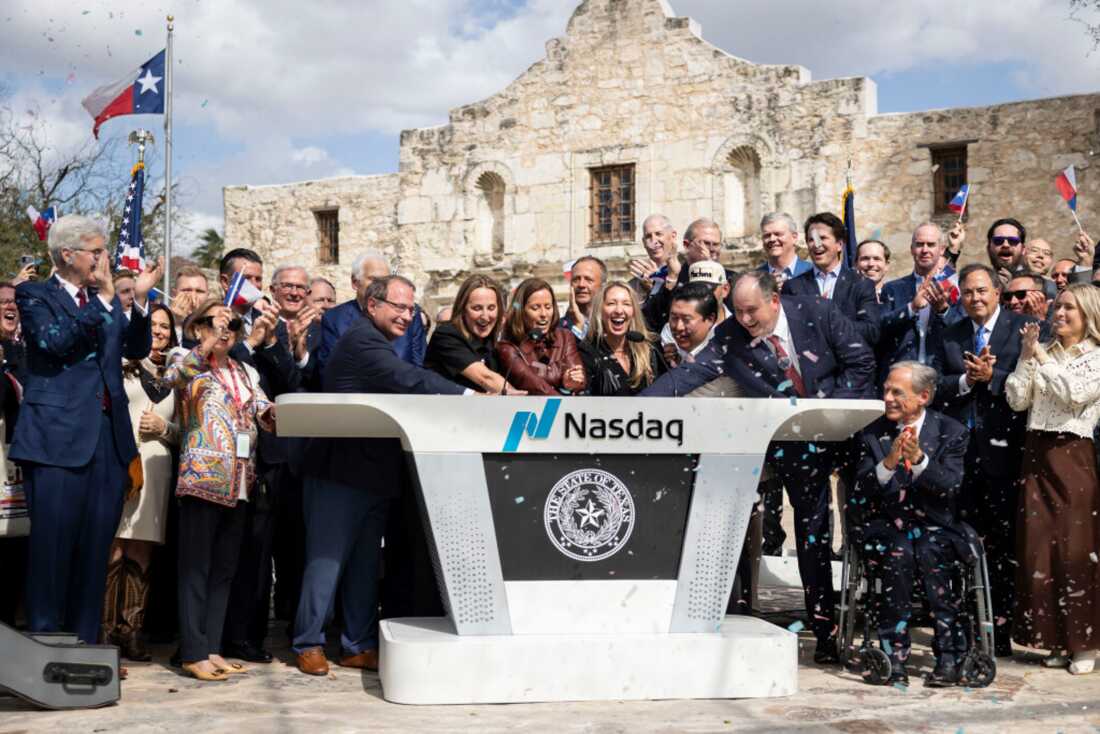 Officials celebrate while ringing the bell during the Nasdaq Texas Closing Bell Ceremony held at The Alamo in San Antonio on Thursday, March 5, 2026. The stock exchange rang the Closing Bell at The Alamo, commemorating the 190th anniversary of the Battle of the Alamo.