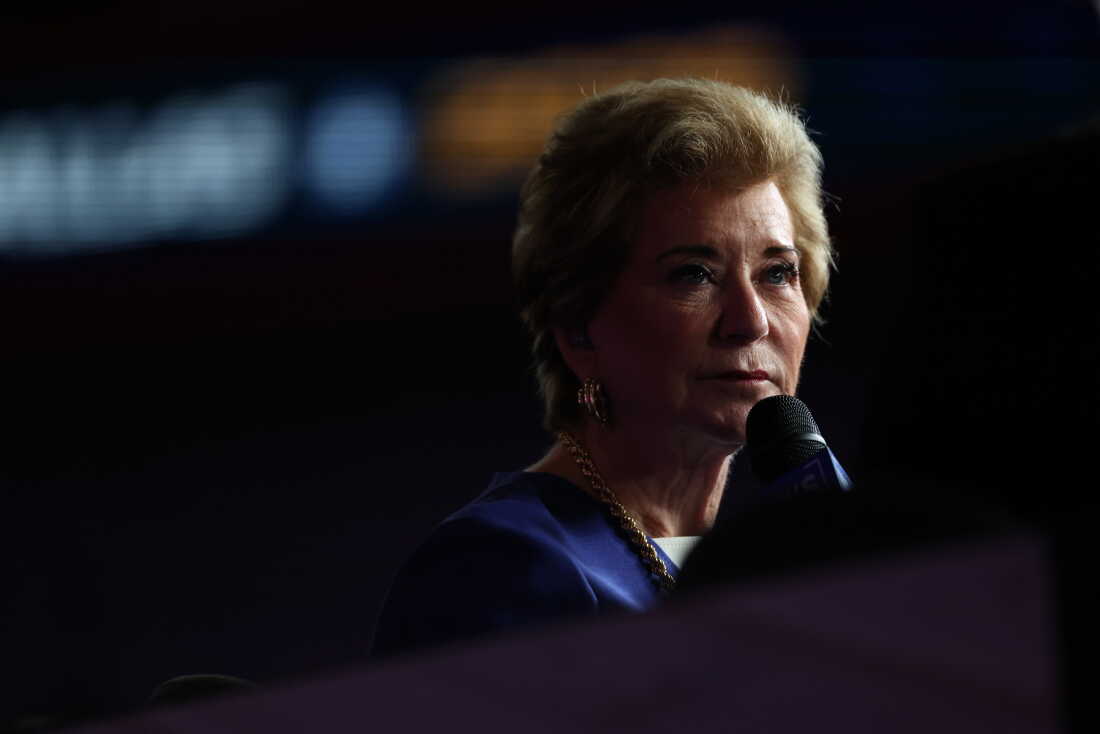 Linda McMahon, US education secretary, speaks to members of the media during the second day of the Republican Midterm Convention at the American Airlines Center in Dallas, Texas, US, on Thursday, Sept. 10, 2026. November's midterm elections will hinge in large part on Americans' attitudes toward the cost of living, and the polls show the public giving the president poor marks for his handling of the economy. Photographer: Mark Felix/Bloomberg via Getty Images