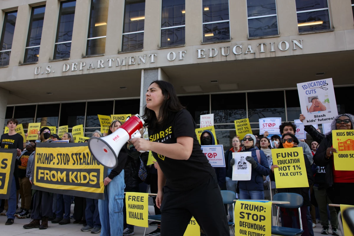 Demonstrators gather outside of the offices of the U.S. Department of Education in Washington, D.C., on March 13 to protest against mass layoffs and budget cuts at the agency.