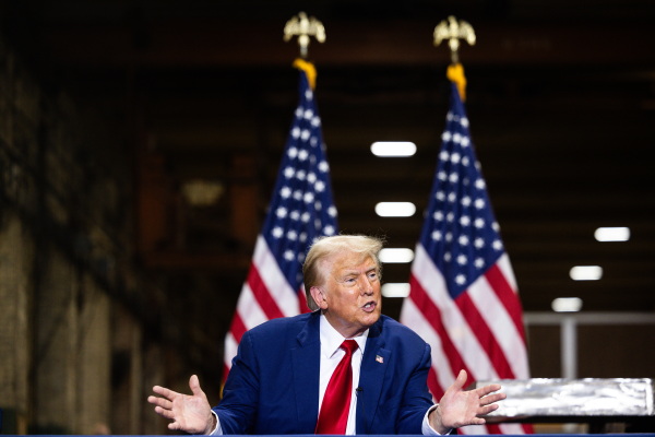 Republican Presidential nominee, former president Donald J. Trump remarks during a campaign event at Precision Custom Components on August 19, 2024 in York, Pa.