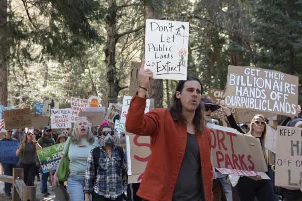 In this photo, Alex Wild holds a sign during a protest against widespread layoffs at Yosemite National Park. The sign says, "Don't Let Public Lands Go Extinct." Behind him stands a crowd of protesters, many of whom are holding up signs. Trees rise up in the background.