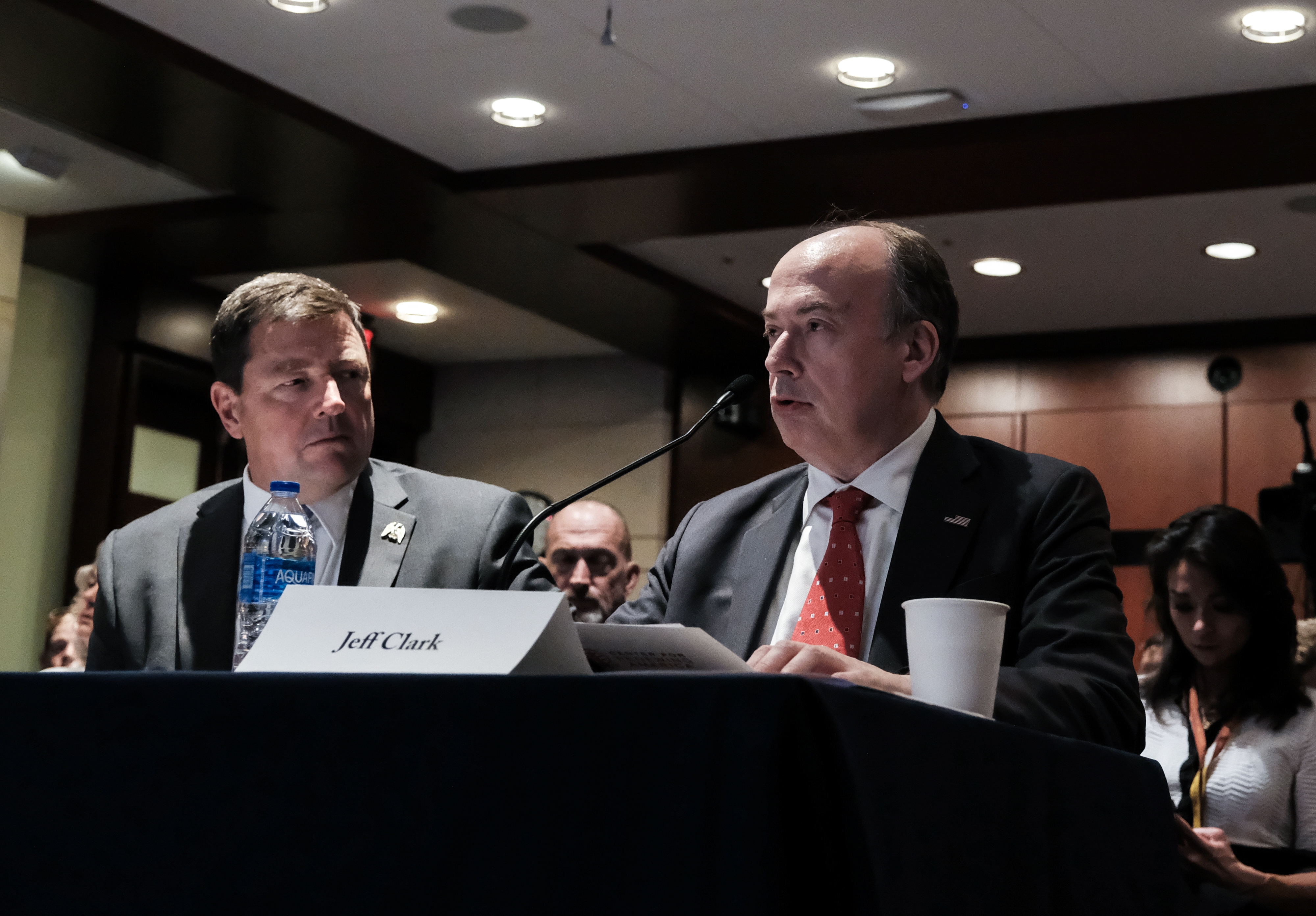 Ed Martin (left), then the president of the Eagle Forum Education & Legal Defense Fund, and Jeffrey Clark, former Acting Assistant Attorney General, speak during a January 6th field hearing at the U.S. Capitol on June 13, 2023.