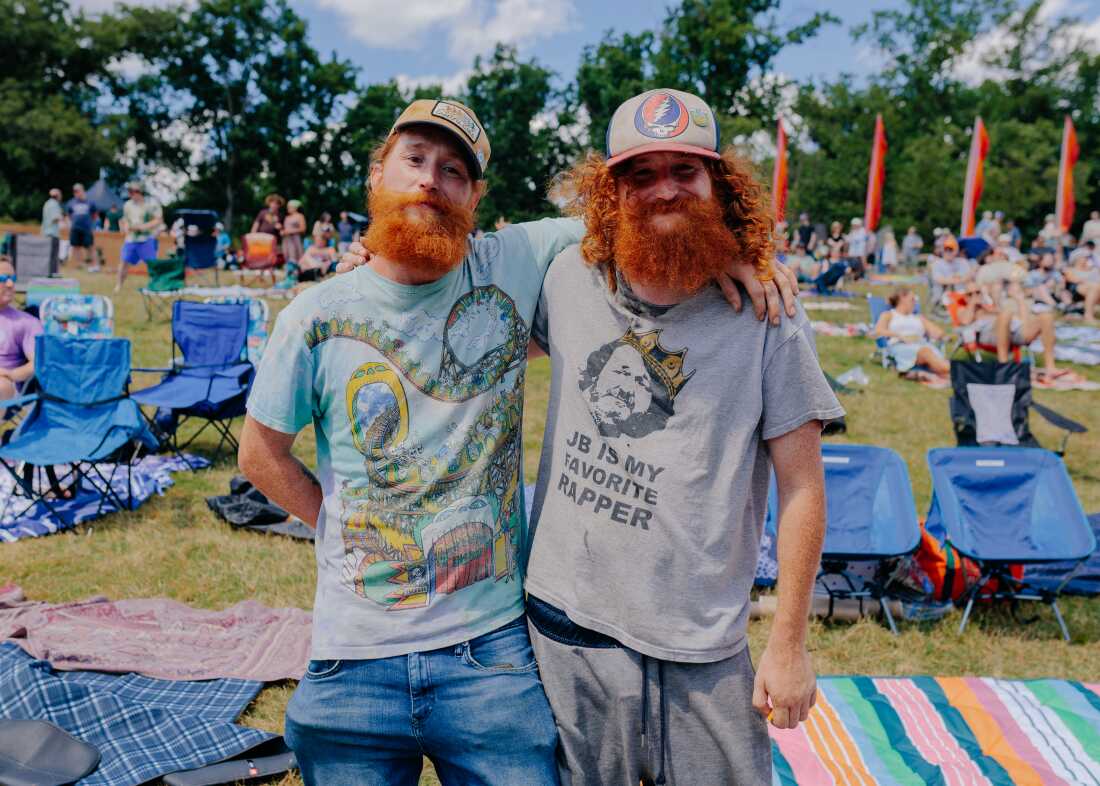 Saturday, June 13, 2026 —Twins Keith and Nate Chapman, 34, pose for a photo at All Good Now festival ahead of Dark Star Orchestra’s set. “We discovered the Grateful Dead on our own, no one older in our family ever came across that, so it was something very unique to us. We had a friend that dragged us to a show when we were like 18 and it changed my life. Jerry saved my life. In this community you can just be free, be yourself.” said Keith. Nate added, “It made me way more social, I was scared of everyone, but everyone here is my friend, as soon as I got here I felt welcomed.”