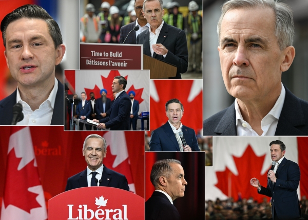 Liberal Party leader and Prime Minister Mark Carney, and Conservative leader and Leader of the Official Opposition Pierre Poilievre are seen during a campaign stop in Edmonton, Alberta, Canada, on April 25, 2025.